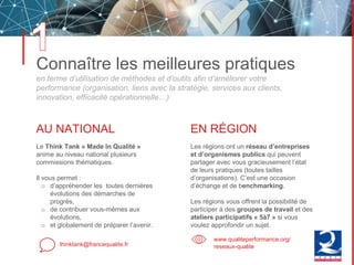 AU NATIONAL
Le Think Tank « Made In Qualité »
anime au niveau national plusieurs
commissions thématiques.
Il vous permet :
o d’appréhender les toutes dernières
évolutions des démarches de
progrès,
o de contribuer vous-mêmes aux
évolutions,
o et globalement de préparer l’avenir.
EN RÉGION
Les régions ont un réseau d’entreprises
et d’organismes publics qui peuvent
partager avec vous gracieusement l’état
de leurs pratiques (toutes tailles
d’organisations). C’est une occasion
d’échange et de benchmarking.
Les régions vous offrent la possibilité de
participer à des groupes de travail et des
ateliers participatifs « 5à7 » si vous
voulez approfondir un sujet.
Connaître les meilleures pratiques
en terme d’utilisation de méthodes et d’outils afin d’améliorer votre
performance (organisation, liens avec la stratégie, services aux clients,
innovation, efficacité opérationnelle…)
thinktank@francequalite.fr
www.qualiteperformance.org/
reseaux-qualite
 