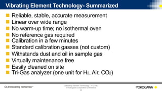 | Vibrating Element Technology | 7-12-18 |
© Yokogawa Corporation of America
44
Vibrating Element Technology- Summarized
n Reliable, stable, accurate measurement
n Linear over wide range
n No warm-up time; no isothermal oven
n No reference gas required
n Calibration in a few minutes
n Standard calibration gasses (not custom)
n Withstands dust and oil in sample gas
n Virtually maintenance free
n Easily cleaned on site
n Tri-Gas analyzer (one unit for H2, Air, CO2)
 