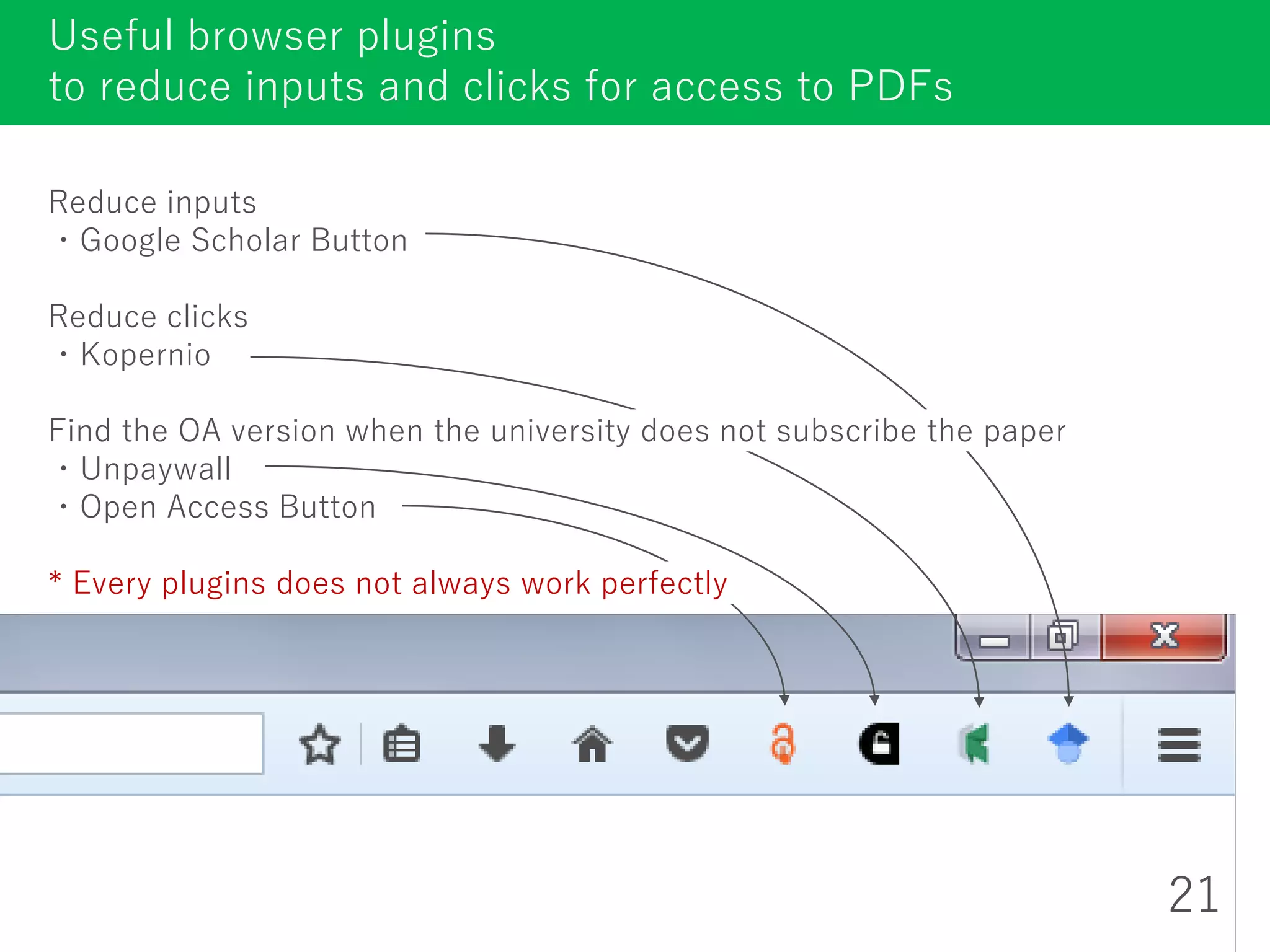 Useful browser plugins
to reduce inputs and clicks for access to PDFs
21
Reduce inputs
・Google Scholar Button
Reduce clicks
・Kopernio
Find the OA version when the university does not subscribe the paper
・Unpaywall
・Open Access Button
* Every plugins does not always work perfectly
 