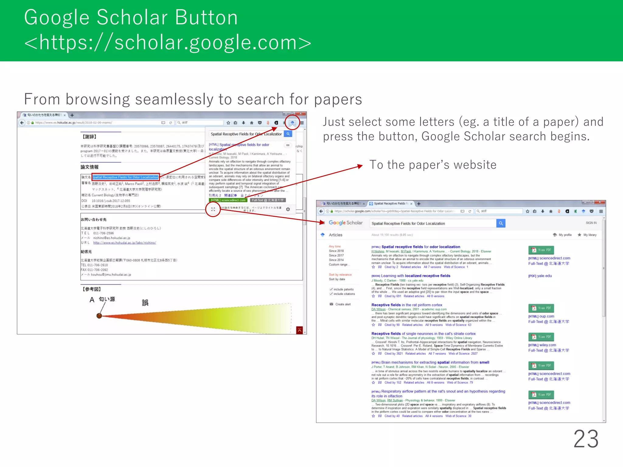 From browsing seamlessly to search for papers
Google Scholar Button
<https://scholar.google.com>
23
To the paper’s website
Just select some letters (eg. a title of a paper) and
press the button, Google Scholar search begins.
 