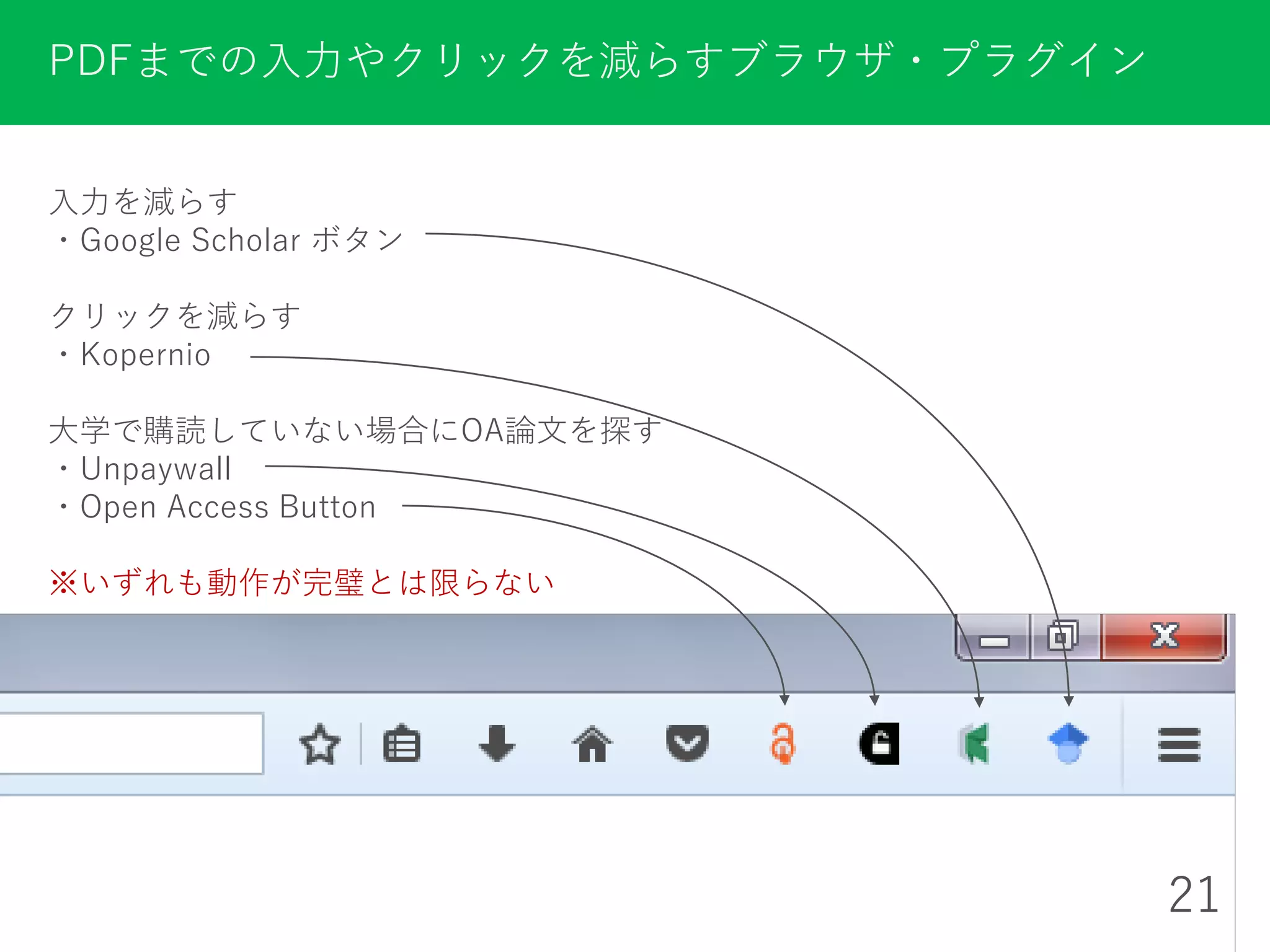 PDFまでの入力やクリックを減らすブラウザ・プラグイン
21
入力を減らす
・Google Scholar ボタン
クリックを減らす
・Kopernio
大学で購読していない場合にOA論文を探す
・Unpaywall
・Open Access Button
※いずれも動作が完璧とは限らない
 