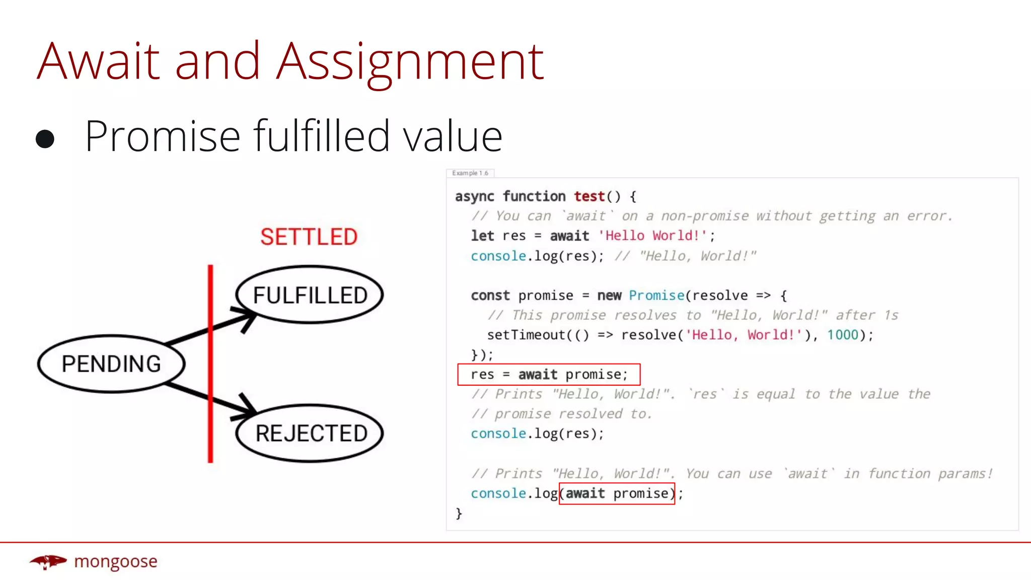 Await and Assignment
● Promise fulfilled value
 