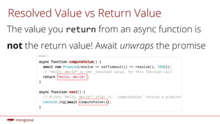 Resolved Value vs Return Value
The value you return from an async function is
not the return value! Await unwraps the promise
 