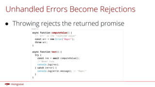 Unhandled Errors Become Rejections
● Throwing rejects the returned promise
 