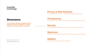 The trustmark evaluates compliance with 5
dimensions that we identiﬁed in our initial
research* as most crucial for consumers
Dimensions
*See A Trustmark for IoT (2017), p. 56
Privacy & Data Practices 
How respectful of privacy? Is it designed using best data practices?
Transparency 
Is it obvious to users what the device does and how data might be used?
Security 
Is it designed and built using best security practices and safeguards?
Openness 
How open are device and manufacturer? Is open data used or generated?
Stability 
How robust? How long a lifecycle to expect?
 