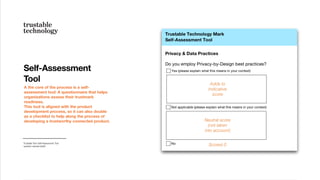 A the core of the process is a self-
assessment tool: A questionnaire that helps
organizations assess their trustmark
readiness.
This tool is aligned with the product
development process, so it can also double
as a checklist to help along the process of
developing a trustworthy connected product.
Self-Assessment
Tool
Trustable Tech Self-Assessment Tool
question sample (draft)
Adds to
indicative
score
Neutral score
(not taken
into account)
Scored 0
 