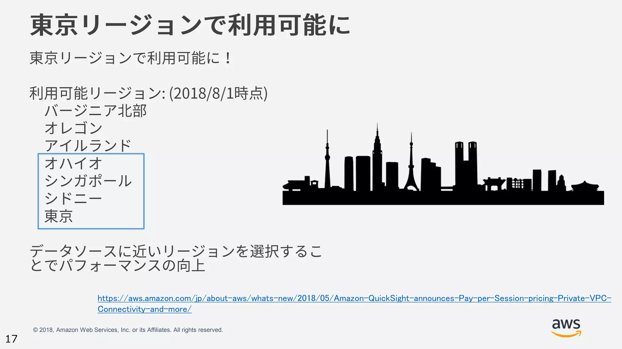 © 2018, Amazon Web Services, Inc. or its Affiliates. All rights reserved.
17
https://aws.amazon.com/jp/about-aws/whats-new/2018/05/Amazon-QuickSight-announces-Pay-per-Session-pricing-Private-VPC-
Connectivity-and-more/
 