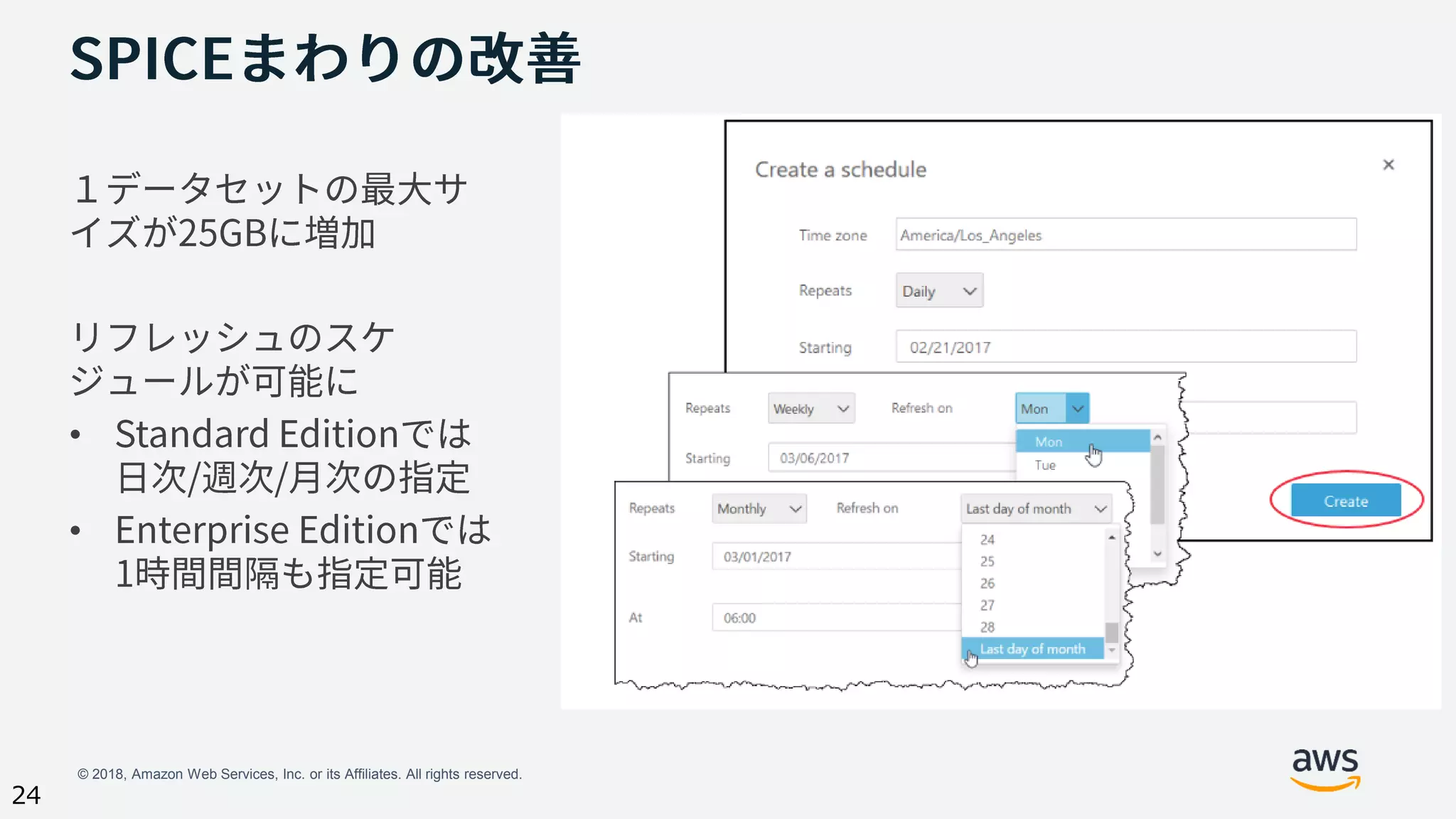 © 2018, Amazon Web Services, Inc. or its Affiliates. All rights reserved.
24
•
•
 