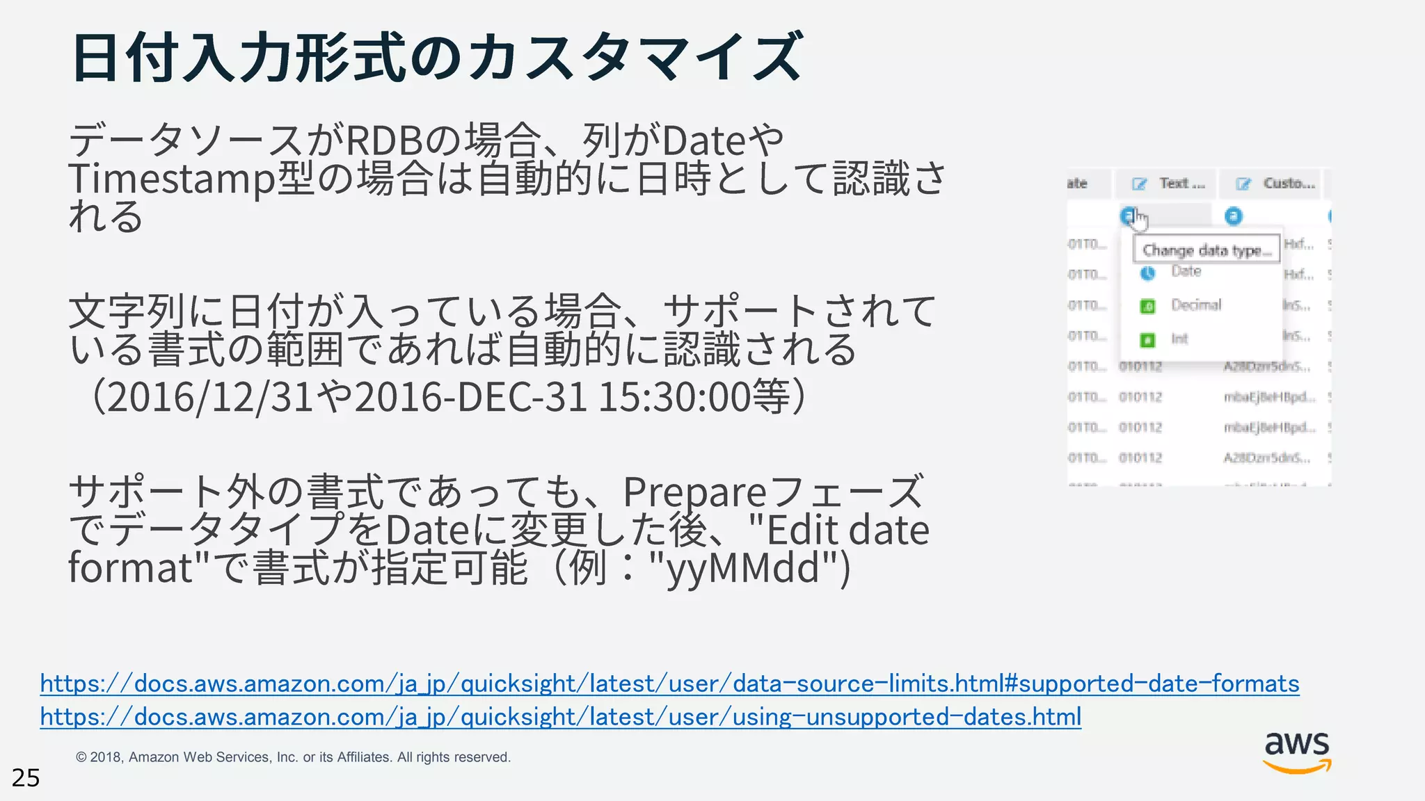 © 2018, Amazon Web Services, Inc. or its Affiliates. All rights reserved.
25
https://docs.aws.amazon.com/ja_jp/quicksight/latest/user/data-source-limits.html#supported-date-formats
https://docs.aws.amazon.com/ja_jp/quicksight/latest/user/using-unsupported-dates.html
 