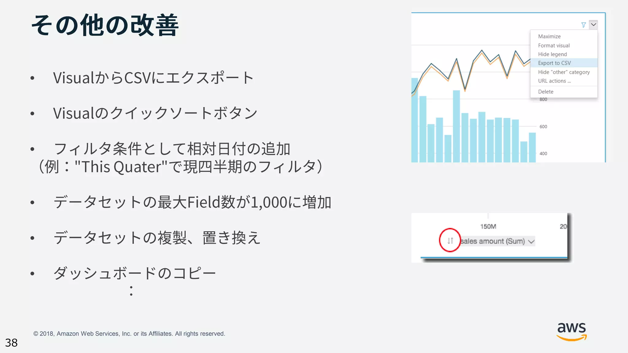 © 2018, Amazon Web Services, Inc. or its Affiliates. All rights reserved.
38
•
•
•
•
•
•
 