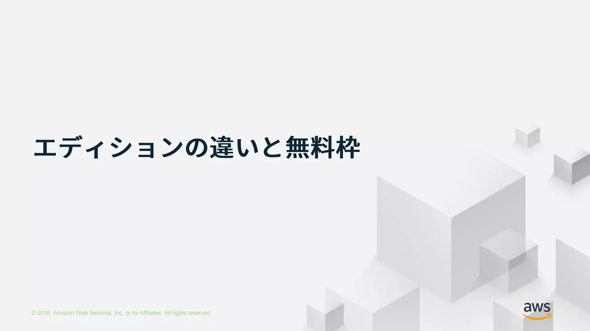 © 2018, Amazon Web Services, Inc. or its Affiliates. All rights reserved.
39
© 2018, Amazon Web Services, Inc. or its Affiliates. All rights reserved.
 