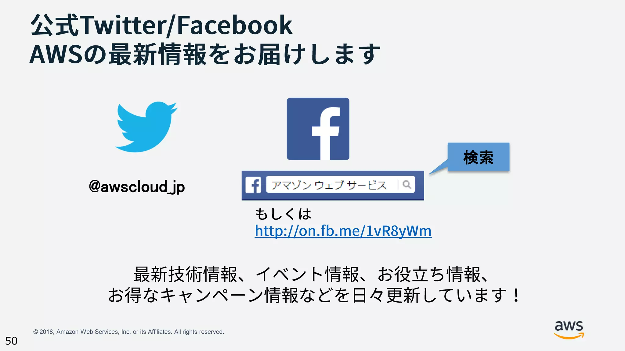 © 2018, Amazon Web Services, Inc. or its Affiliates. All rights reserved.
50
@awscloud_jp
検索
 