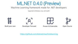 Microsoft Confidential
Proven & Extensible Open Source
https://github.com/dotnet/machinelearning
Build your own
Supported on Windows, Linux, and macOS
Developer Focused
ML.NET 0.4.0 (Preview)
Machine Learning framework made for .NET developers
 