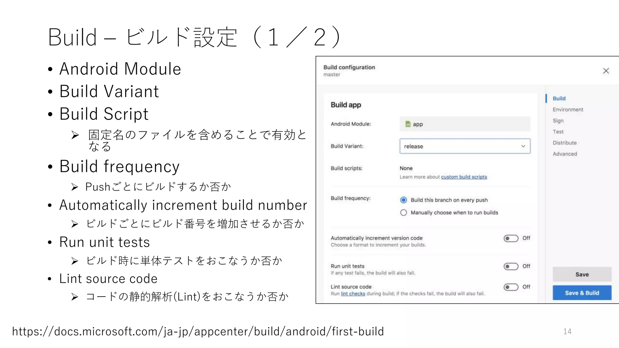 Build – ビルド設定（１／２）
• Android Module
• Build Variant
• Build Script
 固定名のファイルを含めることで有効と
なる
• Build frequency
 Pushごとにビルドするか否か
• Automatically increment build number
 ビルドごとにビルド番号を増加させるか否か
• Run unit tests
 ビルド時に単体テストをおこなうか否か
• Lint source code
 コードの静的解析(Lint)をおこなうか否か
14https://docs.microsoft.com/ja-jp/appcenter/build/android/first-build
 