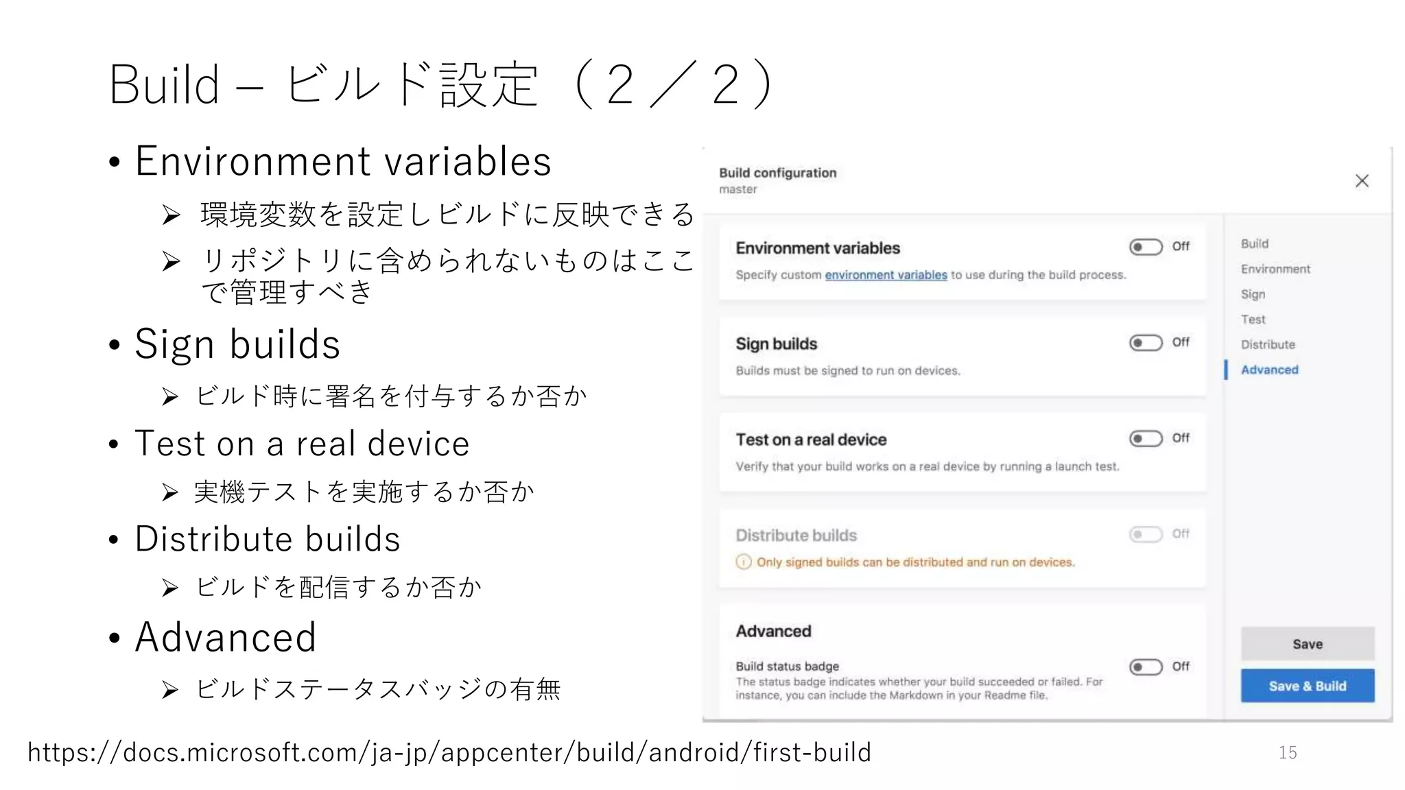Build – ビルド設定（２／２）
• Environment variables
 環境変数を設定しビルドに反映できる
 リポジトリに含められないものはここ
で管理すべき
• Sign builds
 ビルド時に署名を付与するか否か
• Test on a real device
 実機テストを実施するか否か
• Distribute builds
 ビルドを配信するか否か
• Advanced
 ビルドステータスバッジの有無
15https://docs.microsoft.com/ja-jp/appcenter/build/android/first-build
 