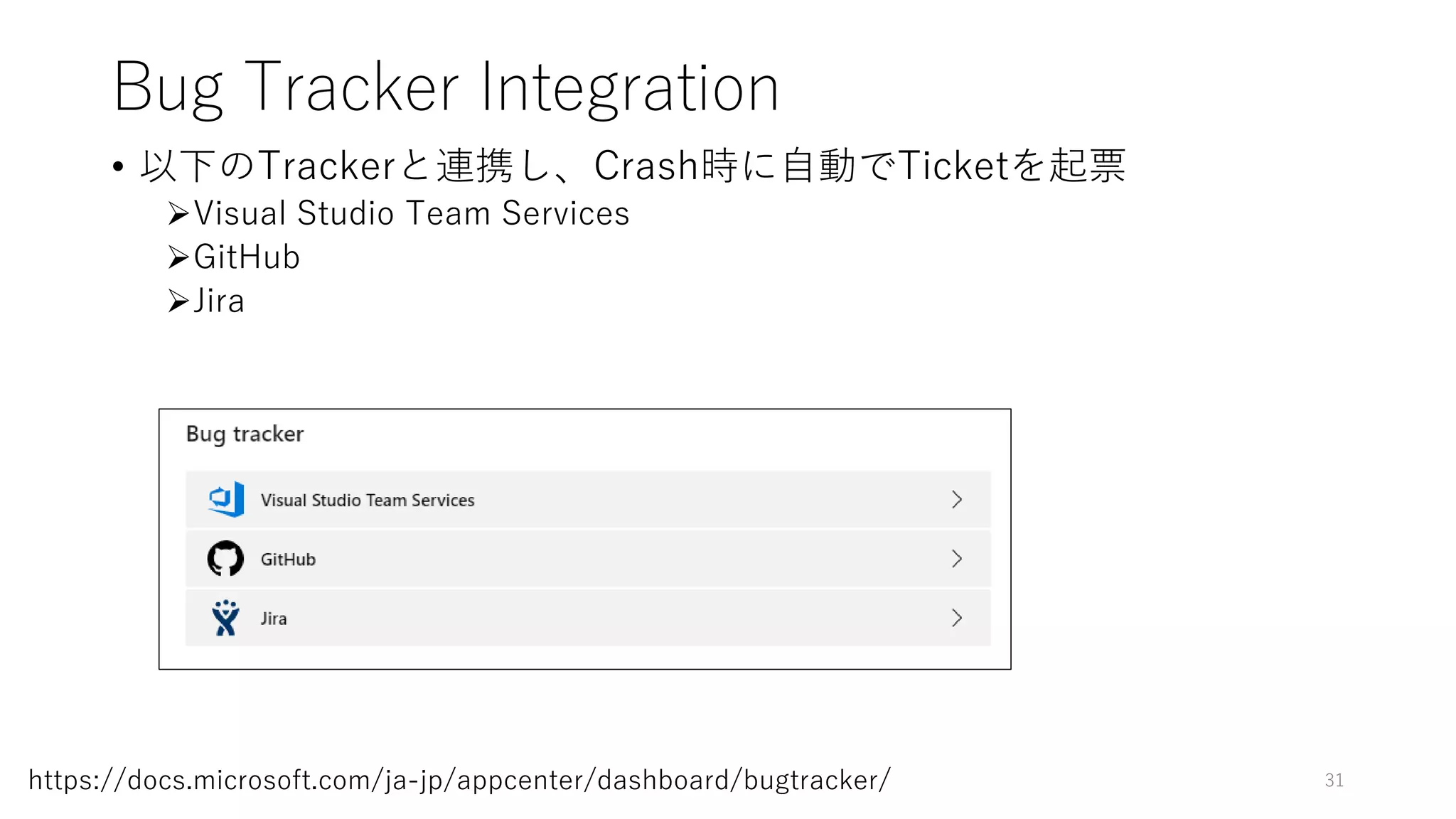 Bug Tracker Integration
• 以下のTrackerと連携し、Crash時に自動でTicketを起票
Visual Studio Team Services
GitHub
Jira
31https://docs.microsoft.com/ja-jp/appcenter/dashboard/bugtracker/
 