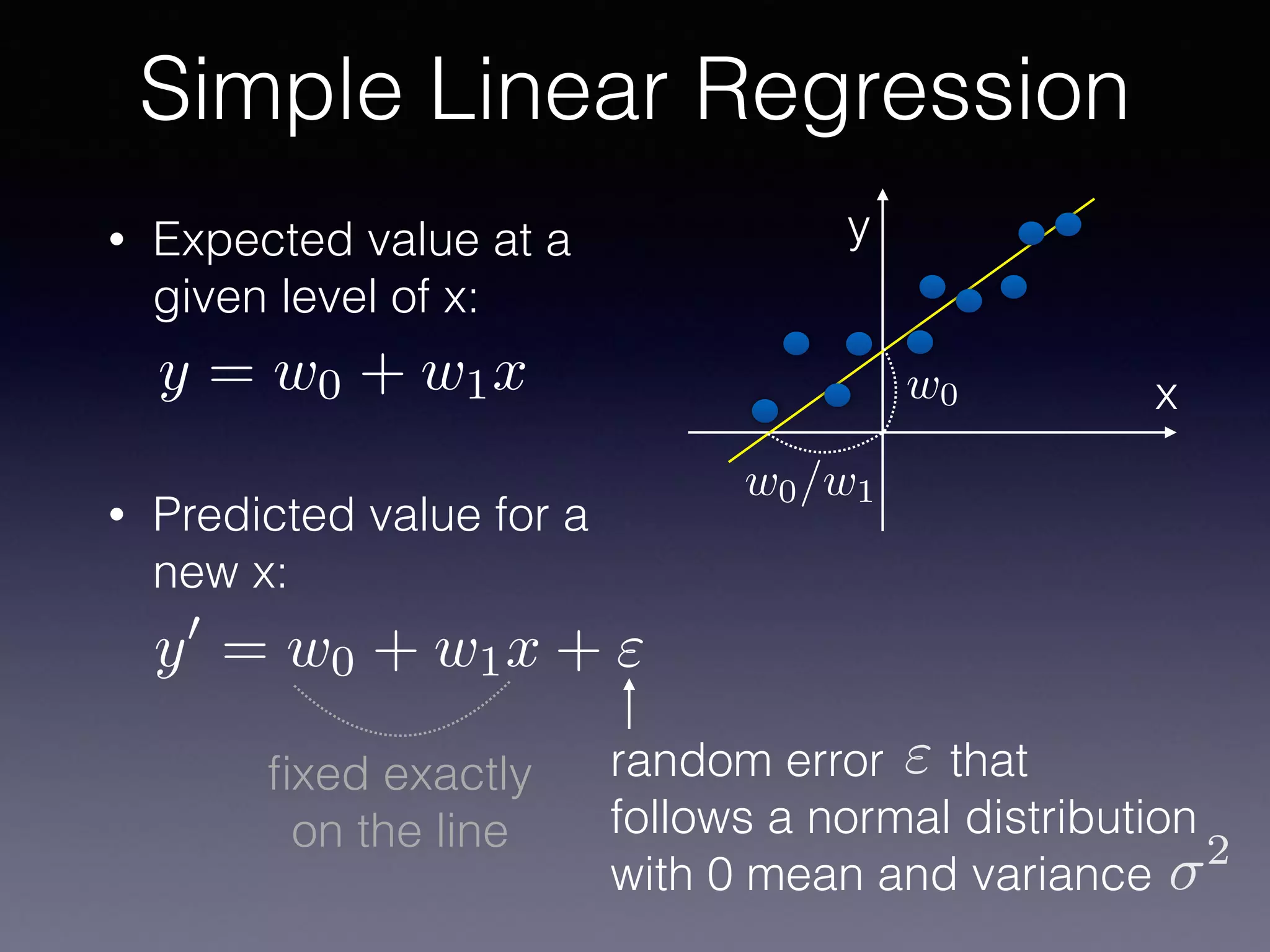 • Expected value at a
given level of x:
• Predicted value for a
new x:
Simple Linear Regression
y
x
random error that
follows a normal distribution
with 0 mean and variance
"
2
ﬁxed exactly
on the line
y = w0 + w1x
y0
= w0 + w1x + "
w0
w0/w1
 