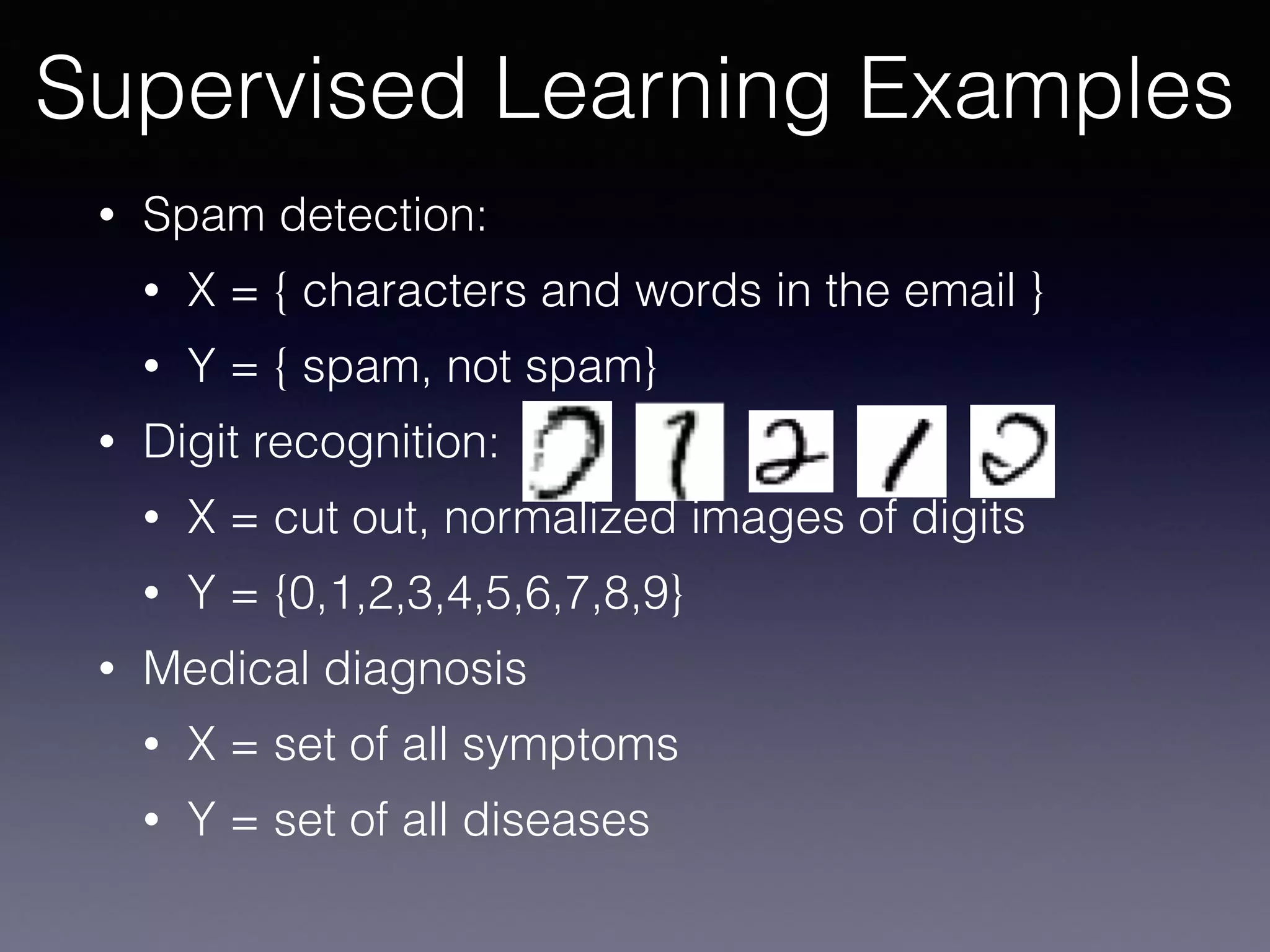 • Spam detection:
• X = { characters and words in the email }
• Y = { spam, not spam}
• Digit recognition:
• X = cut out, normalized images of digits
• Y = {0,1,2,3,4,5,6,7,8,9}
• Medical diagnosis
• X = set of all symptoms
• Y = set of all diseases
Supervised Learning Examples
 