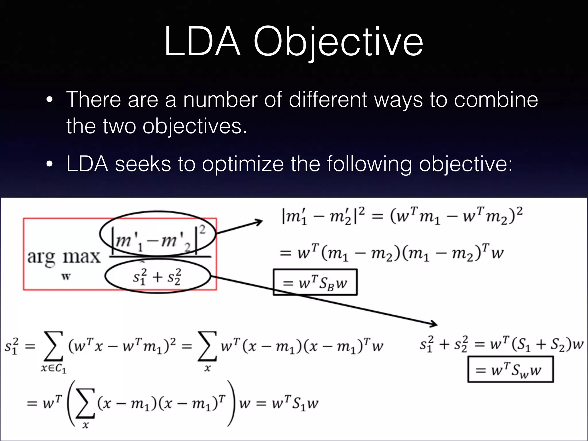 • There are a number of different ways to combine
the two objectives.
• LDA seeks to optimize the following objective:
LDA Objective
 