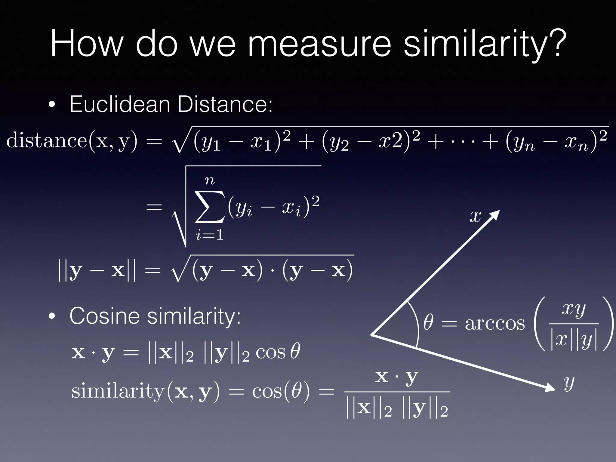 • Euclidean Distance:
• Cosine similarity:
How do we measure similarity?
✓ = arccos
✓
xy
|x||y|
◆
x
y
||y x|| =
p
(y x) · (y x)
distance(x, y) =
p
(y1 x1)2 + (y2 x2)2 + · · · + (yn xn)2
=
v
u
u
t
nX
i=1
(yi xi)2
x · y = ||x||2 ||y||2 cos ✓
similarity(x, y) = cos(✓) =
x · y
||x||2 ||y||2
 