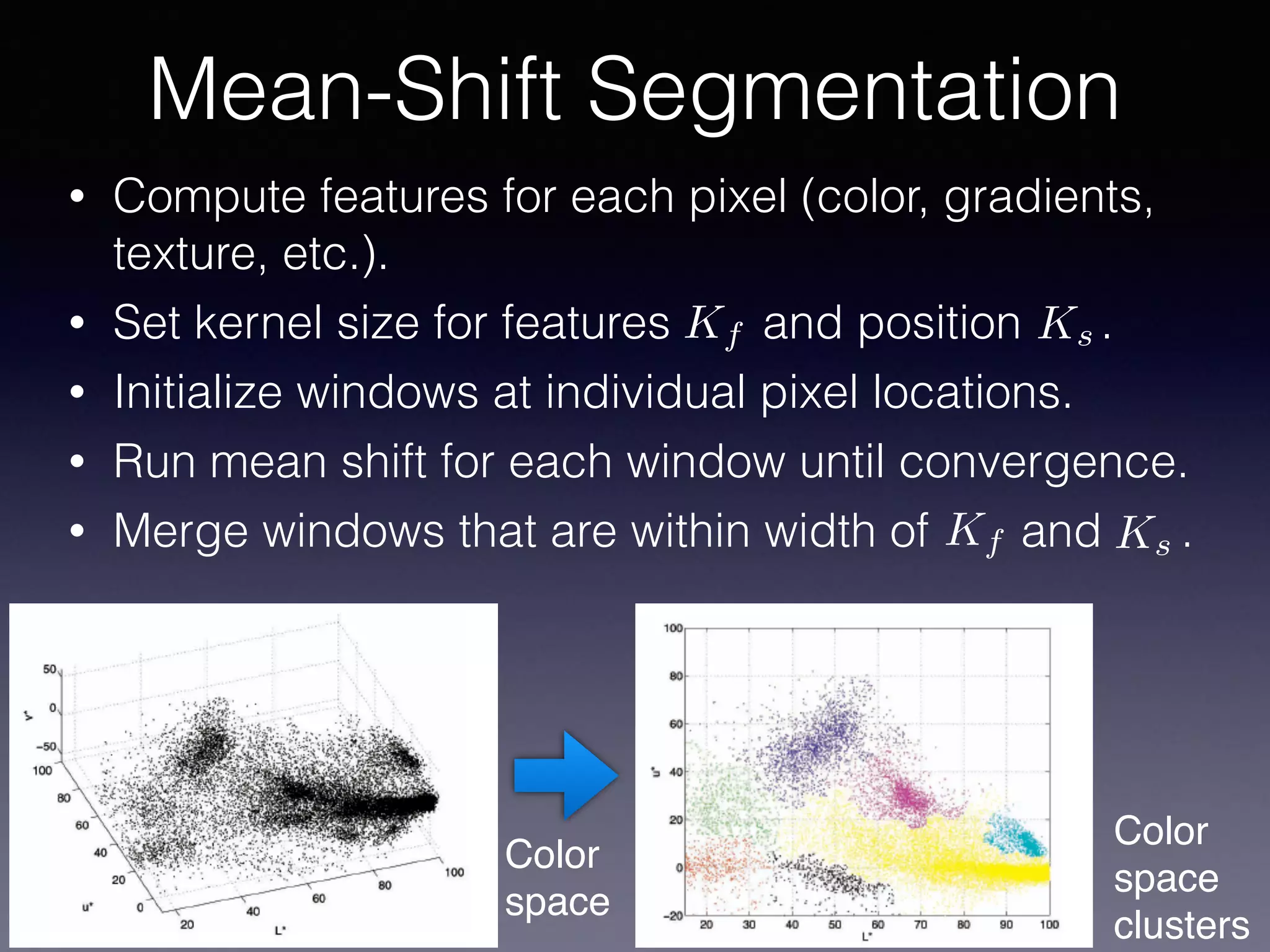 • Compute features for each pixel (color, gradients,
texture, etc.).
• Set kernel size for features and position .
• Initialize windows at individual pixel locations.
• Run mean shift for each window until convergence.
• Merge windows that are within width of and .
Mean-Shift Segmentation
Color
space
Color
space
clusters
Kf Ks
Kf Ks
 