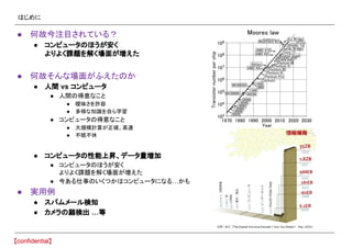 はじめに
● 何故今注目されている？
● コンピュータのほうが安く
よりよく課題を解く場面が増えた
● 何故そんな場面がふえたのか
● 人間 vs コンピュータ
● 人間の得意なこと
● 曖昧さを許容
● 多様な知識を自ら学習
● コンピュータの得意なこと
● 大規模計算が正確、高速
● 不眠不休
● コンピュータの性能上昇、データ量増加
● コンピュータのほうが安く
よりよく課題を解く場面が増えた
● 今ある仕事のいくつかはコンピュータになる…かも
● 実用例
● スパムメール検知
● カメラの顔検出 …等
 
