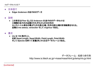 irisデータセットとは？
● 日本語で
● Edgar Anderson のあやめのデータ
● 説明
● この有名な(Fiher もしくは Anderson の)あやめのデータセットは
三種類のあやめの品種のそれぞれからの50の花の
センチメートル単位の蕚(がく)片の長さと幅、花弁の長さと幅の計測結果を与える。
品種は Iris setosa, versicolor そして virginica である。
● 書式
● iris は 150 例(行) と、
名前 Sepal.Length, Sepal.Width, Petal.Length, Petal.Width
そして Species を持つ 5 変量(列) からなるデータフレームである。
データフレーム : 名前つき行列
http://www.is.titech.ac.jp/~mase/mase/html.jp/temp/iris.jp.html
 