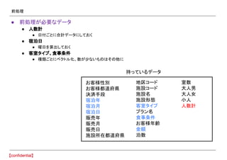 前処理
● 前処理が必要なデータ
● 人数計
● 日付ごとに合計データにしておく
● 宿泊日
● 曜日を算出しておく
● 客室タイプ、食事条件
● 種類ごとにベクトル化、数が少ないものはその他に
お客様性別
お客様都道府県
決済手段
宿泊年
宿泊月
宿泊日
販売年
販売月
販売日
施設所在都道府県
地区コード
施設コード
施設名
施設形態
客室タイプ
プラン名
食事条件
お客様年齢
金額
泊数
室数
大人男
大人女
小人
人数計
持っているデータ
 