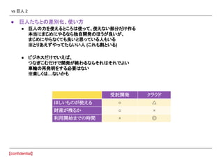 vs 巨人 2
● 巨人たちとの差別化、使い方
● 巨人の力を使えるところは使って、使えない部分だけ作る
本当にまじめにやるなら独自開発のほうが良いが、
まじめにやらなくても良いと思っている人もいる
※とりあえずやってたらいい人 (これも割といる)
● ビジネスだけでいえば、
つなぎこむだけで開発が終わるならそれはそれでよい
車輪の再発明をする必要はない
※楽しくは…ないかも
受託開発 クラウド
ほしいものが使える ○ △
財産が残るか ○ ×
利用開始までの時間 × ◎
 