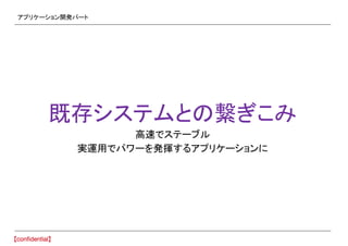 アプリケーション開発パート
既存システムとの繋ぎこみ
高速でステーブル
実運用でパワーを発揮するアプリケーションに
 