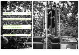 www.agpworkshops.com10
TABLE OF CONTENT
Design Brief							12-15
Art Sessions at Auroville Schools 16-19
PARTICIPANTS PROFILES
& FUTURE COMMITMENTS 		 22-41
COLLABORATORS 					42-43
 