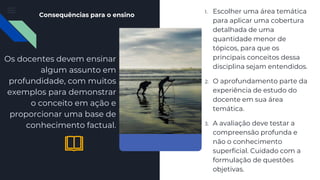 Consequências para o ensino
Os docentes devem ensinar
algum assunto em
profundidade, com muitos
exemplos para demonstrar
o conceito em ação e
proporcionar uma base de
conhecimento factual.
1. Escolher uma área temática
para aplicar uma cobertura
detalhada de uma
quantidade menor de
tópicos, para que os
principais conceitos dessa
disciplina sejam entendidos.
2. O aprofundamento parte da
experiência de estudo do
docente em sua área
temática.
3. A avaliação deve testar a
compreensão profunda e
não o conhecimento
superficial. Cuidado com a
formulação de questões
objetivas.
📖
 