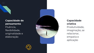Capacidade de
pensamento
Fluência,
flexibilidade,
originalidade e
elaboração
Capacidade
criativa
Produtividade,
imaginação, se
relacionar,
empatia e
aplicação
🎨
 
