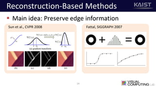 Reconstruction-Based Methods
 Main idea: Preserve edge information
14
Sun et al., CVPR 2008 Fattal, SIGGRAPH 2007
 
