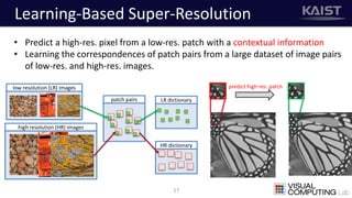 Learning-Based Super-Resolution
17
• Predict a high-res. pixel from a low-res. patch with a contextual information
• Learning the correspondences of patch pairs from a large dataset of image pairs
of low-res. and high-res. images.
predict high-res. patchlow resolution (LR) images
high resolution (HR) images
patch pairs LR dictionary
HR dictionary
 
