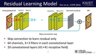 Residual Learning Model
 Skip connection to learn residual only
 64 channels, 3×3 filters in each convolutional layer
 20 convolutional layers (41×41 receptive field)
21
Interpolated LR HR
Skip-connection way
learned residualConv.1 Conv.D-1ReLu.1 ReLu.D-1
Kim et al., CVPR 2016
 