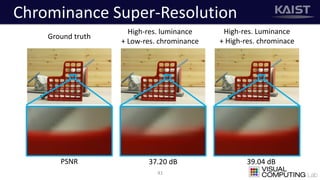 Chrominance Super-Resolution
41
Ground truth
High-res. luminance
+ Low-res. chrominance
High-res. Luminance
+ High-res. chrominace
PSNR 37.20 dB 39.04 dB
 