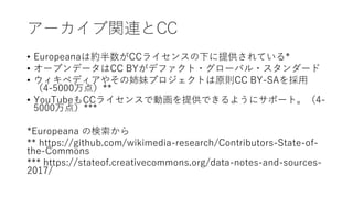 アーカイブ関連とCC
• Europeanaは約半数がCCライセンスの下に提供されている*
• オープンデータはCC BYがデファクト・グローバル・スタンダード
• ウィキペディアやその姉妹プロジェクトは原則CC BY-SAを採用
（4-5000万点）**
• YouTubeもCCライセンスで動画を提供できるようにサポート。（4-
5000万点）***
*Europeana の検索から
** https://github.com/wikimedia-research/Contributors-State-of-
the-Commons
*** https://stateof.creativecommons.org/data-notes-and-sources-
2017/
 