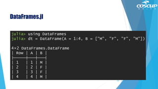 DataFrames.jl
julia> using DataFrames
julia> dt = DataFrame(A = 1:4, B = ["M", "F", "F", "M"])
4×2 DataFrames.DataFrame
│ Row │ A │ B │
├─────┼───┼───┤
│ 1 │ 1 │ M │
│ 2 │ 2 │ F │
│ 3 │ 3 │ F │
│ 4 │ 4 │ M │
103
 