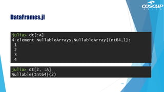 DataFrames.jl
julia> dt[:A]
4-element NullableArrays.NullableArray{Int64,1}:
1
2
3
4
julia> dt[2, :A]
Nullable{Int64}(2)
104
 