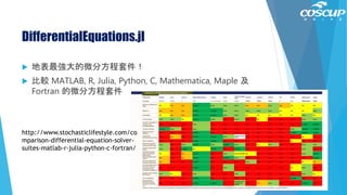 DifferentialEquations.jl
 地表最強大的微分方程套件！
 比較 MATLAB, R, Julia, Python, C, Mathematica, Maple 及
Fortran 的微分方程套件
126
http://www.stochasticlifestyle.com/co
mparison-differential-equation-solver-
suites-matlab-r-julia-python-c-fortran/
 