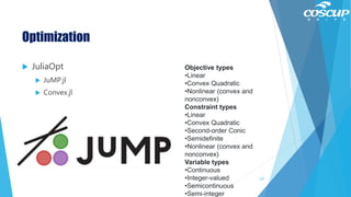 Optimization
 JuliaOpt
 JuMP.jl
 Convex.jl
127
Objective types
•Linear
•Convex Quadratic
•Nonlinear (convex and
nonconvex)
Constraint types
•Linear
•Convex Quadratic
•Second-order Conic
•Semidefinite
•Nonlinear (convex and
nonconvex)
Variable types
•Continuous
•Integer-valued
•Semicontinuous
•Semi-integer
 