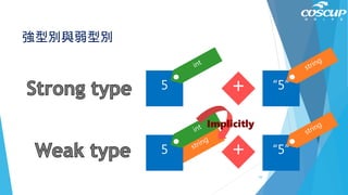 強型別與弱型別
5 “5”
5 “5”
+
+
Implicitly
53
 