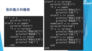 我的義大利麵條
elseif x == scissor
println("你出剪刀")
if y == paper
println("電腦出布")
println("你贏了")
elseif y == stone
println("電腦出石頭")
println("電腦贏了")
endelseif x == stone
println("你出石頭")
if y == scissor
println("電腦出剪刀")
println("你贏了")
elseif y == paper
println("電腦出布")
println("電腦贏了")
end
end
if x == y
println("平手")
elseif x == paper
println("你出布")
if y == scissor
println("電腦出剪刀")
println("電腦贏了")
elseif y == stone
println("電腦出石頭")
println("你贏了")
end 61
 