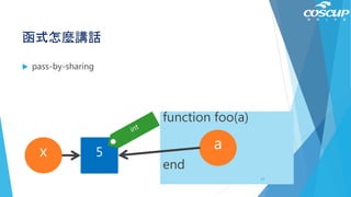 函式怎麼講話
 pass-by-sharing
5x
function foo(a)
end
a
64
 