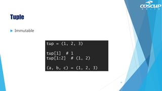 Tuple
 Immutable
tup = (1, 2, 3)
tup[1] # 1
tup[1:2] # (1, 2)
(a, b, c) = (1, 2, 3)
79
 