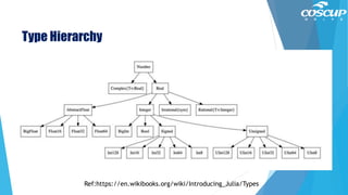 Type Hierarchy
Ref:https://en.wikibooks.org/wiki/Introducing_Julia/Types
 