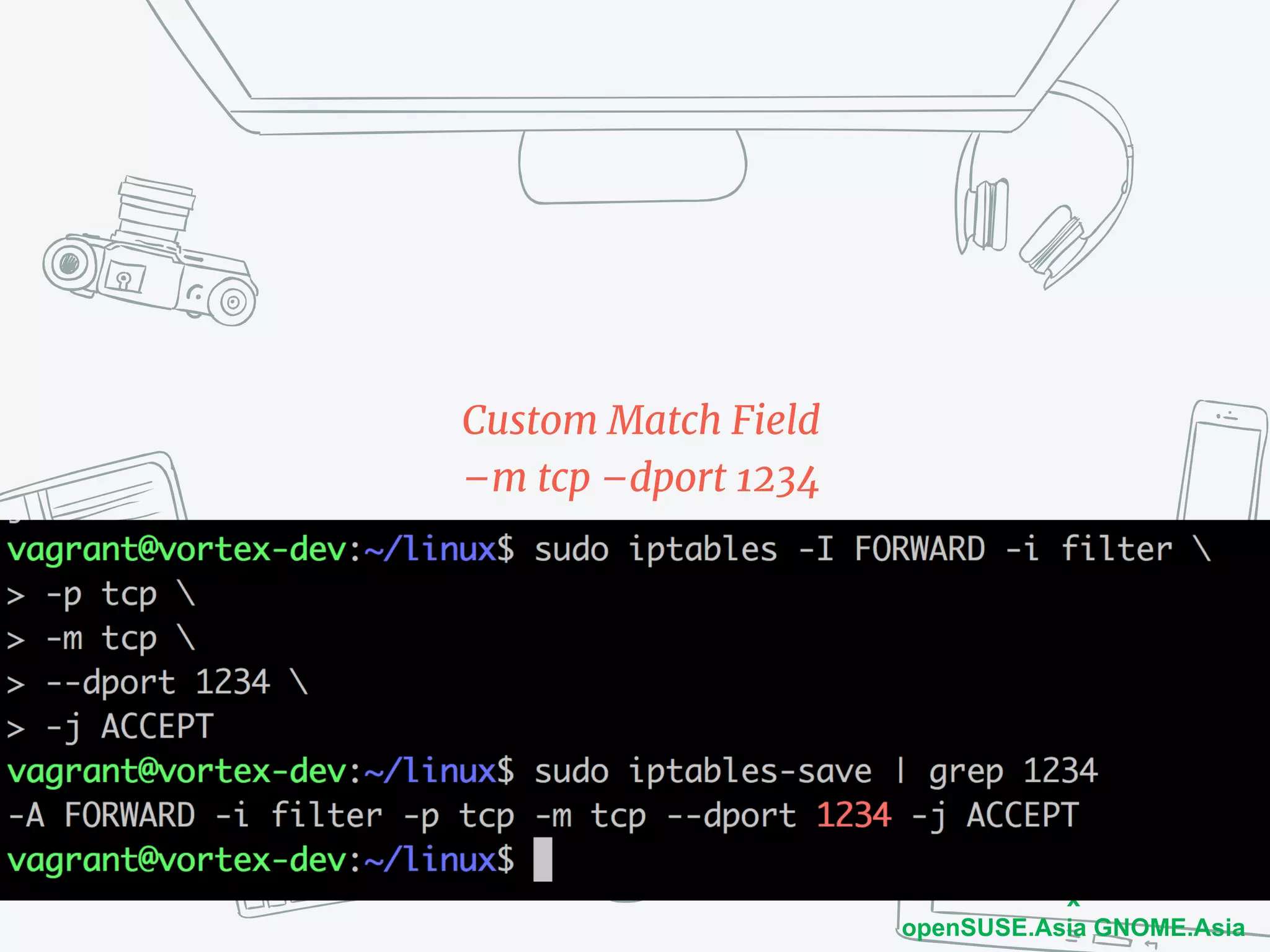 COSCUP2018
x
openSUSE.Asia GNOME.Asia
Custom Match Field
–m tcp –dport 1234
 