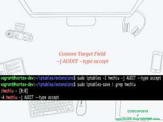 COSCUP2018
x
openSUSE.Asia GNOME.Asia
Custom Target Field
–j AUDIT –type accept
 