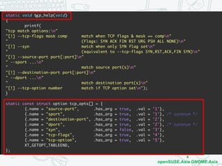 COSCUP2018
x
openSUSE.Asia GNOME.Asia
Architecture
iptables/extensions/libxt_tcp.c
c
 